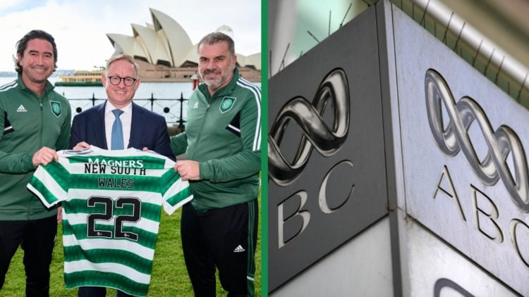 A split image of Ange Postecoglou on Celtic duty in his native Australia and a logo of Australian broadcaster ABC News.