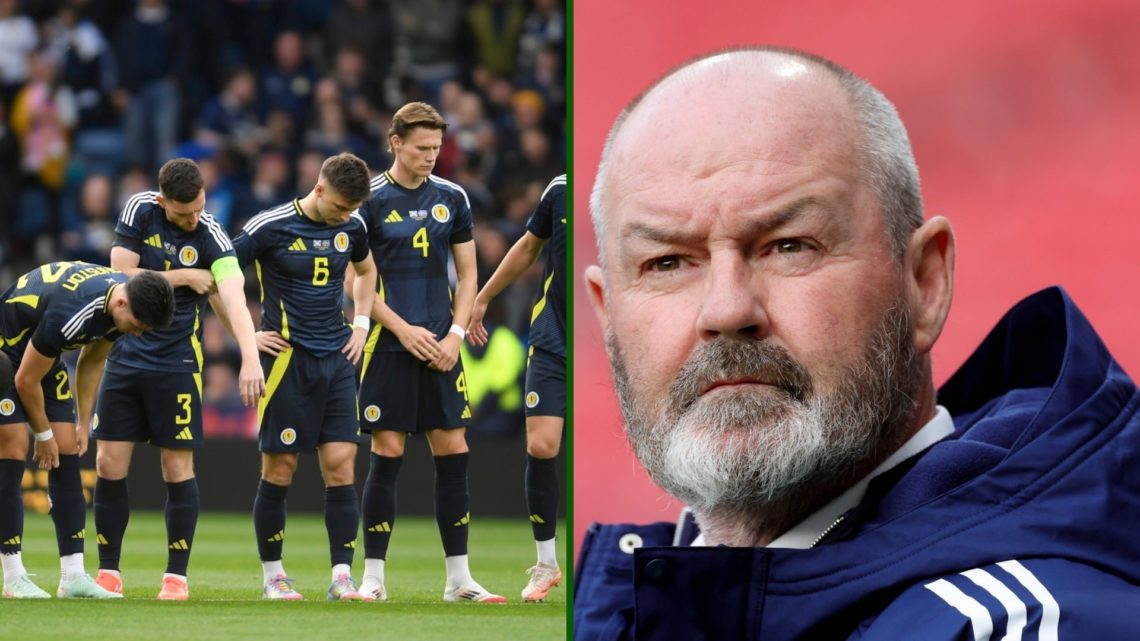 Split image of Celtic-bound Kieran Tierney in action for Scotland vs Iceland as national boss Steve Clarke looks on inside Hampden.