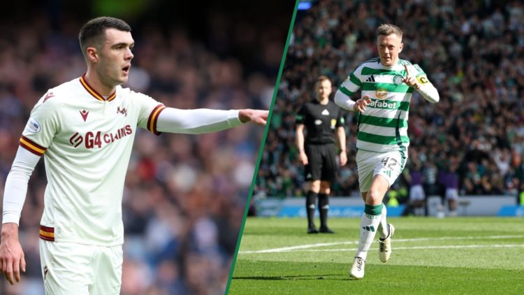 Lennon Miller points to a Motherwell teammate during a game against Rangers, Callum McGregor celebrates after scoring against St Johnstone in the S...