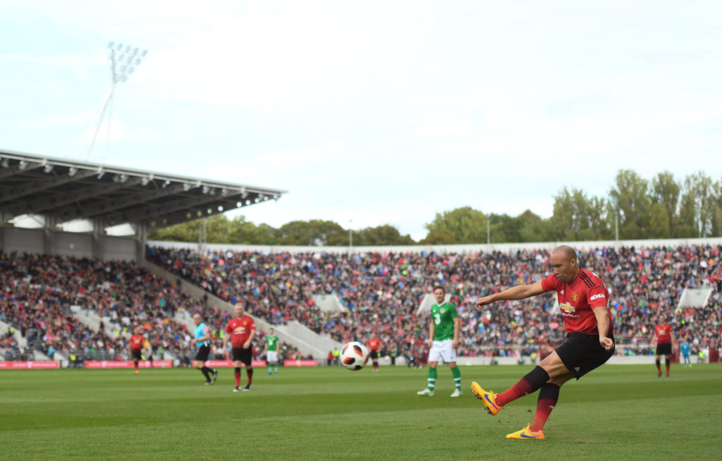 Mikael Silvestre of Manchester United Legends crosses the ball during the Liam Miller Memorial match between Manchester United Legends and Republic of Ireland & Celtic Legends at Páirc Uí Chaoimh in Cork