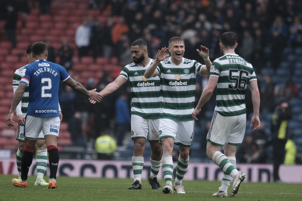 Cameron Carter-Vickers of Celtic shakes hands with James Tavernier of Rangers after the Scottish Cup Semi Final match between Rangers and Celtic at Hampden Park on April 30, 2023