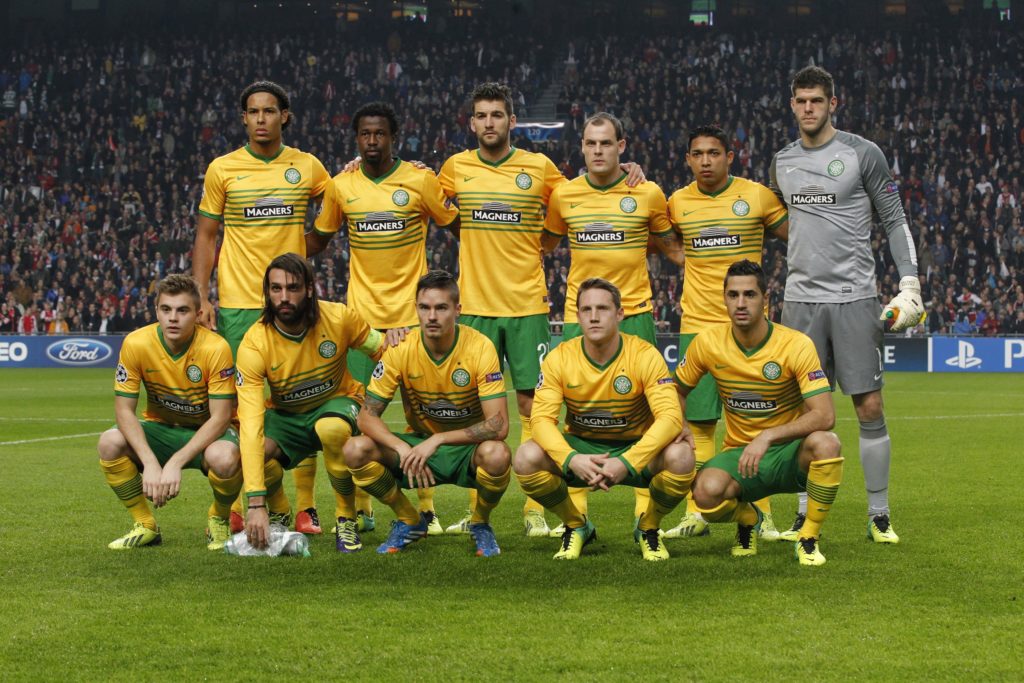 Back Row L-R: Virgil van Dijk of Celtic FC, Efe Ambrose of Celtic FC, Charlie Mulgrew of Celtic FC, Anthony Stokes of Celtic FC, Emilio Izaguirre of Celtic FC, goalkeeper Fraser Forster of Celtic FC
Front Row L-R: James Forrest of Celtic FC, Georgios Samaras of Celtic FC, Mikael Lustig of Celtic FC, Kris Commons of Celtic FC , Beram Kayal of Celtic FC during the Champions League match between Ajax Amsterdam and Celtic FC