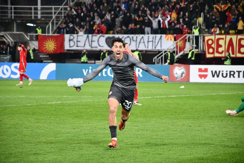Bojan Miovski celebrates his goal for North Macedonia vs Wales in a 2026 World Cup qualifier