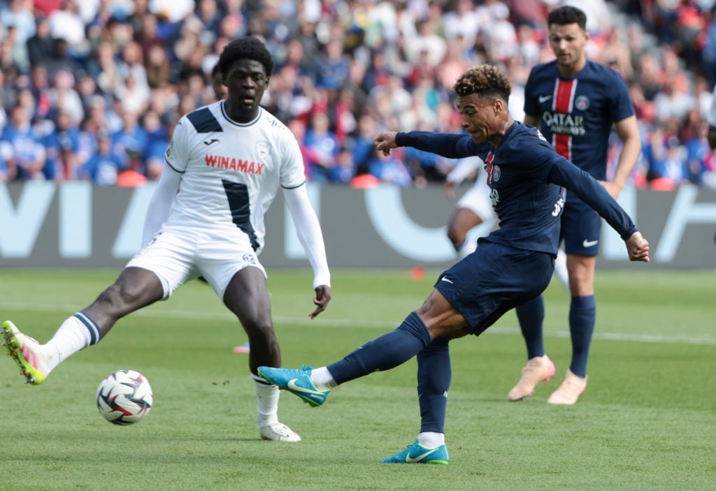 Desire Doue of PSG and Etienne Youte Kinkoue of Le Havre during the Ligue 1 football match between Paris Saint-Germain (PSG) and Le Havre AC (HAC) at Parc des Princes