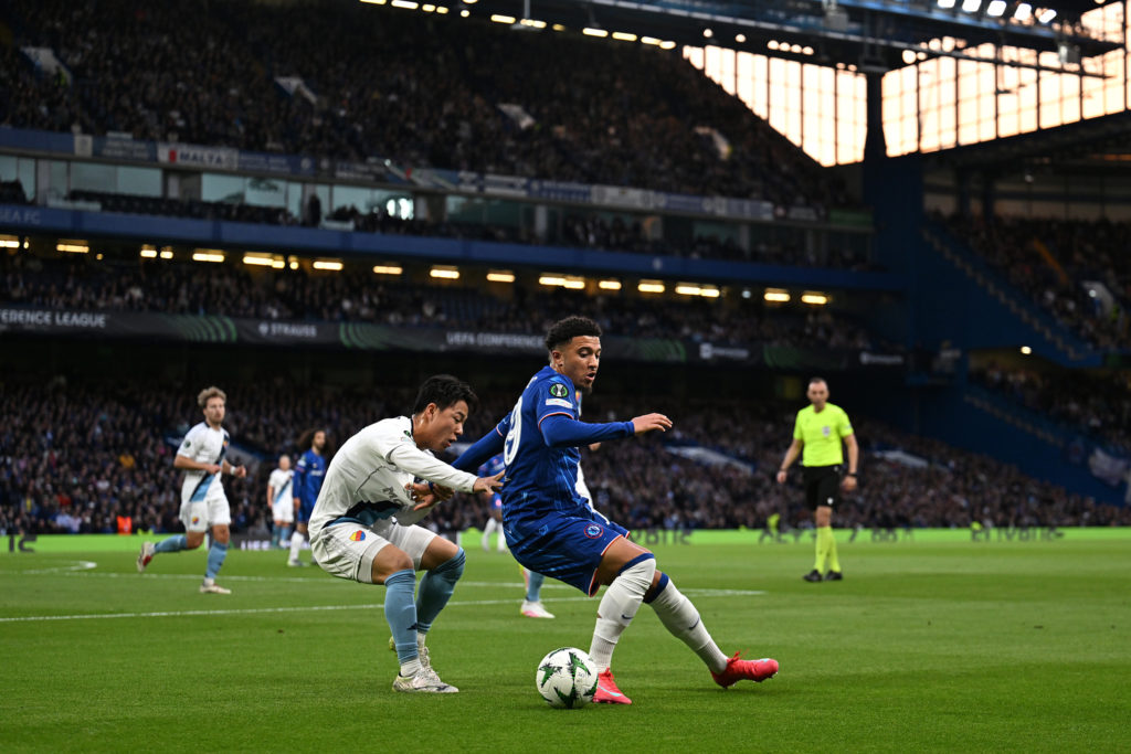 Keita Kosugi closes down Jadon Sancho during Chelsea vs Djurgarden in the Conference League semi-final
