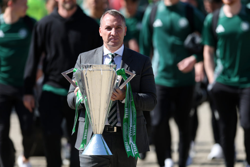 Brendan Rodgers arrives at Celtic way with the Scottish Premiership trophy in hand