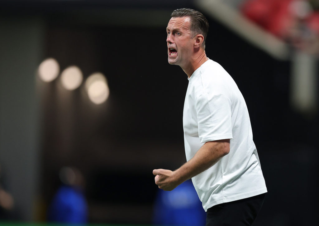 Head coach Ronny Deila of Atlanta United shouts against Orlando City during the first half at Mercedes-Benz Stadium