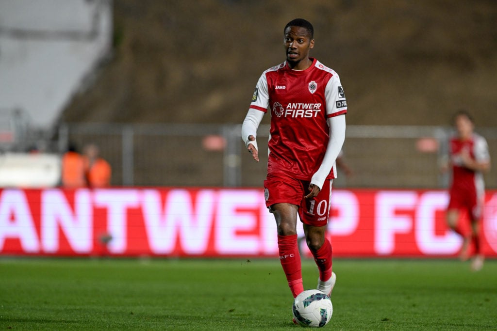 Michel-Ange Balikwisha on the ball during Royal Antwerp FC v Royale Union Saint-Gilloise