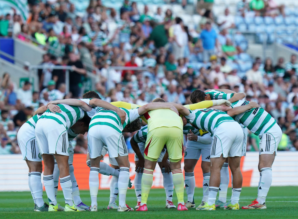 Celtic players have one last team talk before their game against Sporting CP