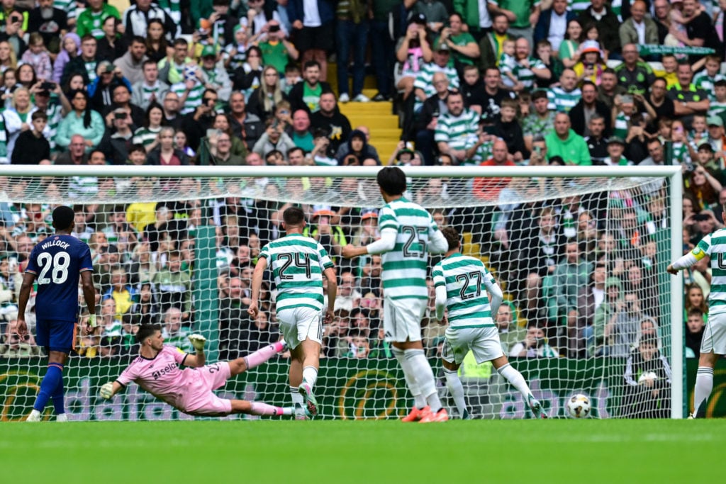 Arne Engles scores Celtic's first goal in a 4-0 win against Newcastle United in pre-season.