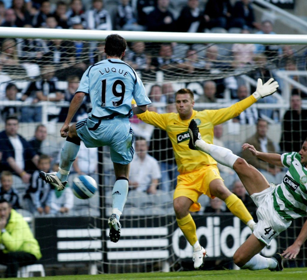 Albert Luque scores his second and Newcastle's third goal during the pre-season friendly match between Newcastle United and Glasgow Celtic at St James Park