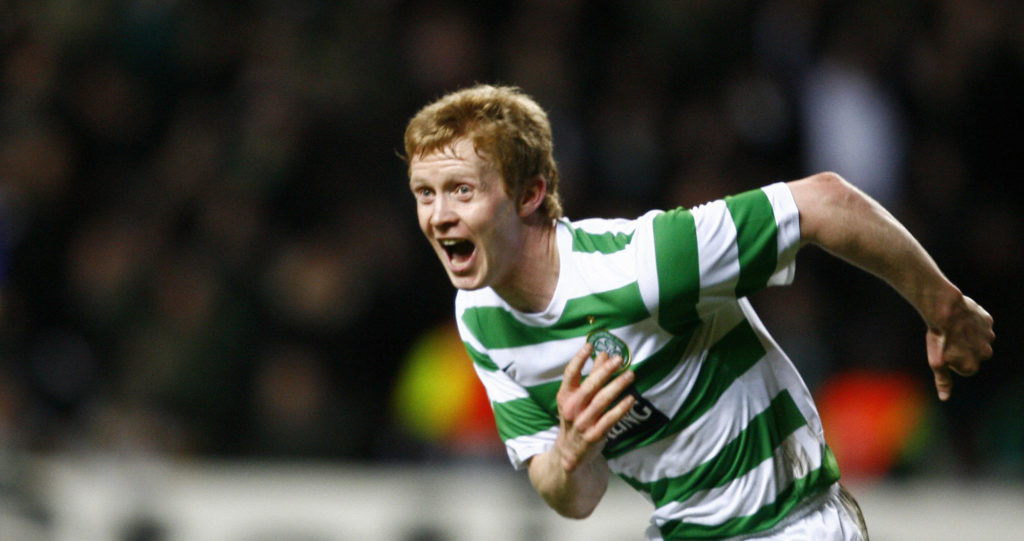 Barry Robson celebrates scoring for Celtic against Barcelona in the Champions League