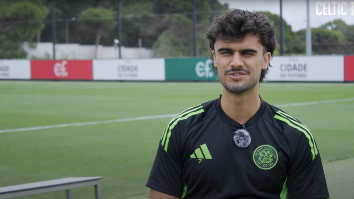 Jota speaking to Celtic TV at Celtic's training base in Lisbon, Portugal