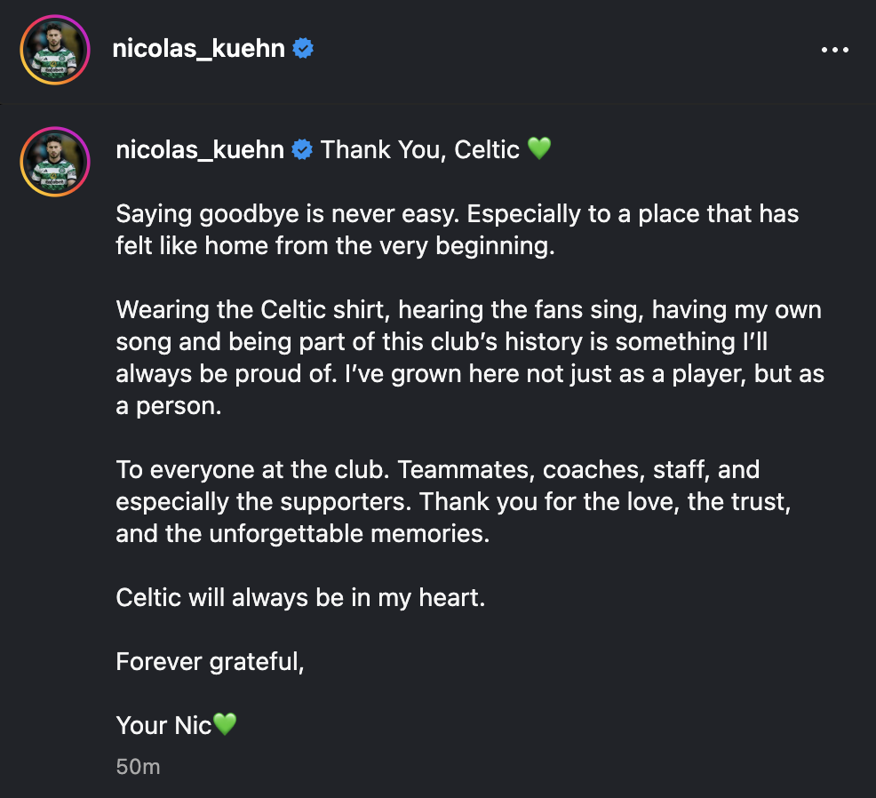 Nicolas Kuhn's farewell message on Instagram after leaving Celtic for Como