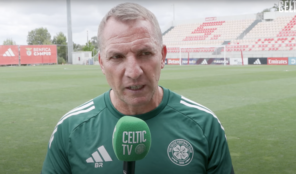 Brendan Rodgers speaks to Celtic TV after Celtic lost to Estrela da Amadora