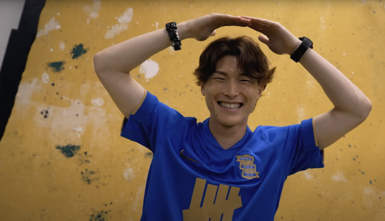 Kyogo Furuhashi does his iconic celebration after signing for Birmingham City