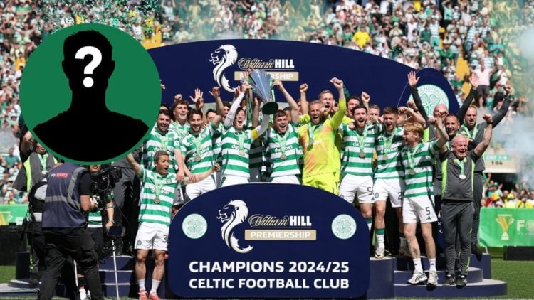 The Celtic squad lift the 2024/25 Scottish Premiership title at Celtic Park, an inset of a mystery man