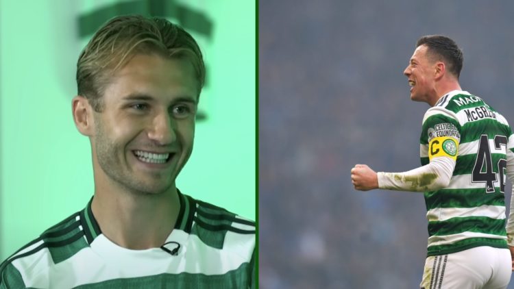 Split image of Benjamin Nygren being interviewed by Celtic TV and captain Callum McGregor celebrating beating Rangers in the League Cup final at Ha...