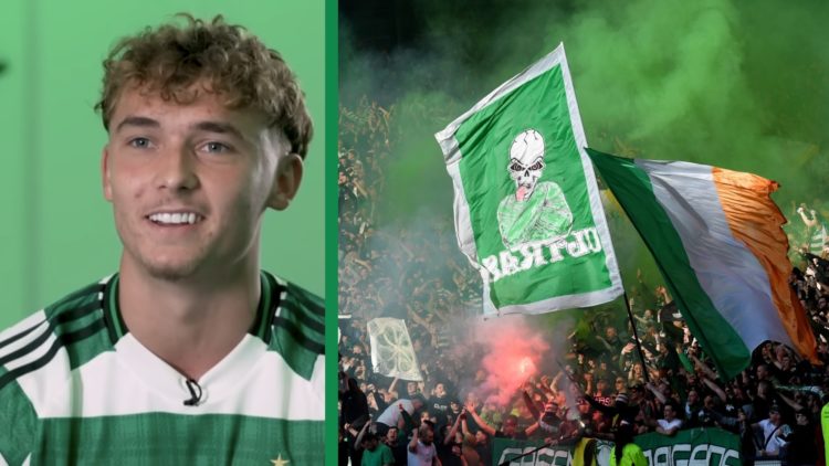 A split image of Celtic's new signing Callum Osmand and the Celtic supporters waving flags.