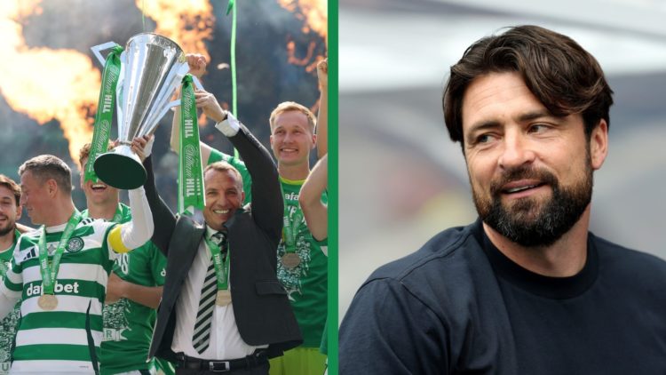 A split image of Brendan Rodgers lifting the Premiership title as the Celtic manager and Rangers boss Russell Martin looking on.