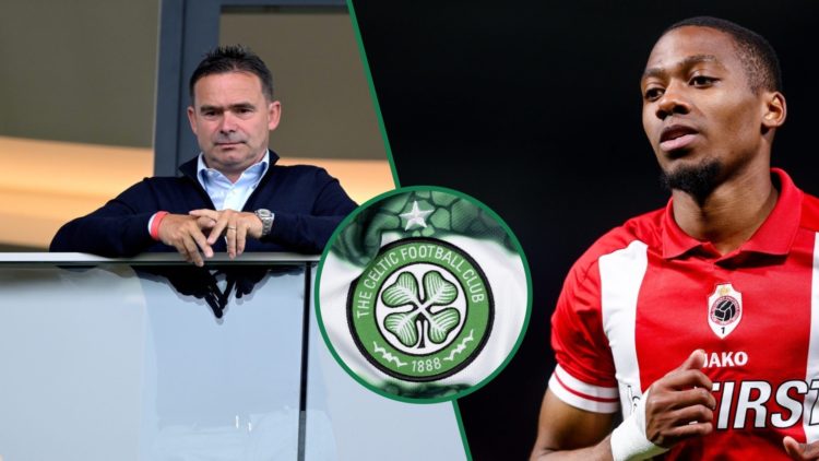 Royal Antwerp FC's Marc Overmars watches on before the Belgium Pro League Supercup, an inset of the Celtic badge, Michel-Ange Balikwisha in action ...