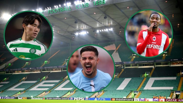 A detailed view of Celtic Park before a Champions League night, inset of Hyunjun Yang watching on, inset of Marco Tilio celebrating and an inset of...