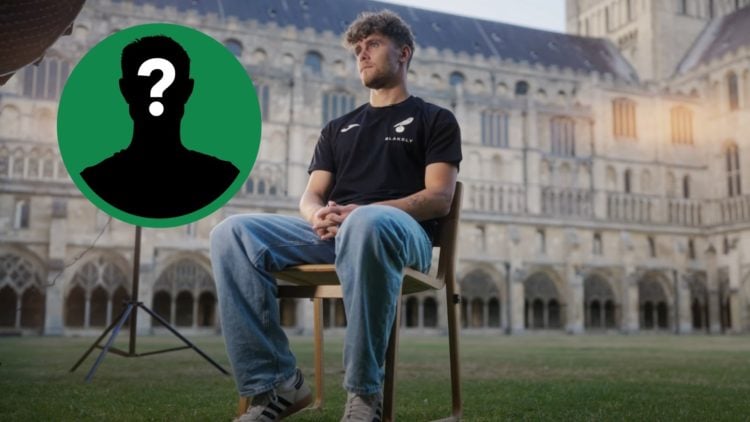 New Norwich City striker Mathias Kvistgaarden during a club media interview with cathedral in background, including an inset of a mystery player.