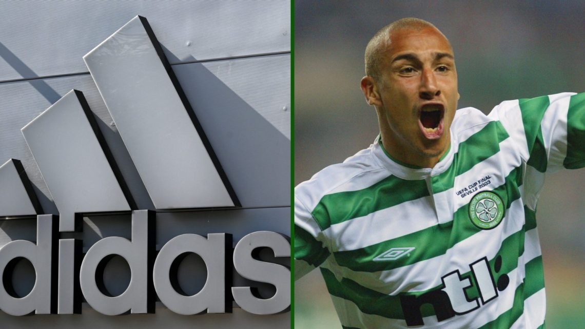 Split image of Celtic hero Henrik Larsson celebrating scoring for Celtic with the Adidas brand logo.