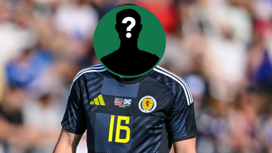 Scott McKenna looks on during Scotland's friendly against Liechtenstein, an inset of a mystery man