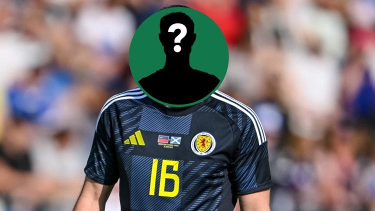 Scott McKenna looks on during Scotland's friendly against Liechtenstein, an inset of a mystery man