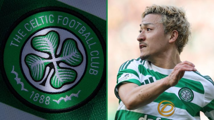 Celtic badge shown on home jersey left and Daizen Maeda celebrating a goal against Hibs at Parkhead right