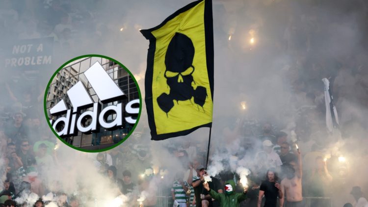 Celtic fans celebrating a Scottish Premiership win at Celtic Park with an overlay of the Adidas logo.