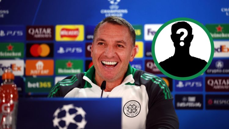 Celtic manager Brendan Rodgers laughs during his Champions League press conference, including an inset of a mystery player.