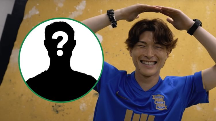 Kyogo Furuhashi does his iconic celebration after signing for Birmingham City right with mystery overlay inset left