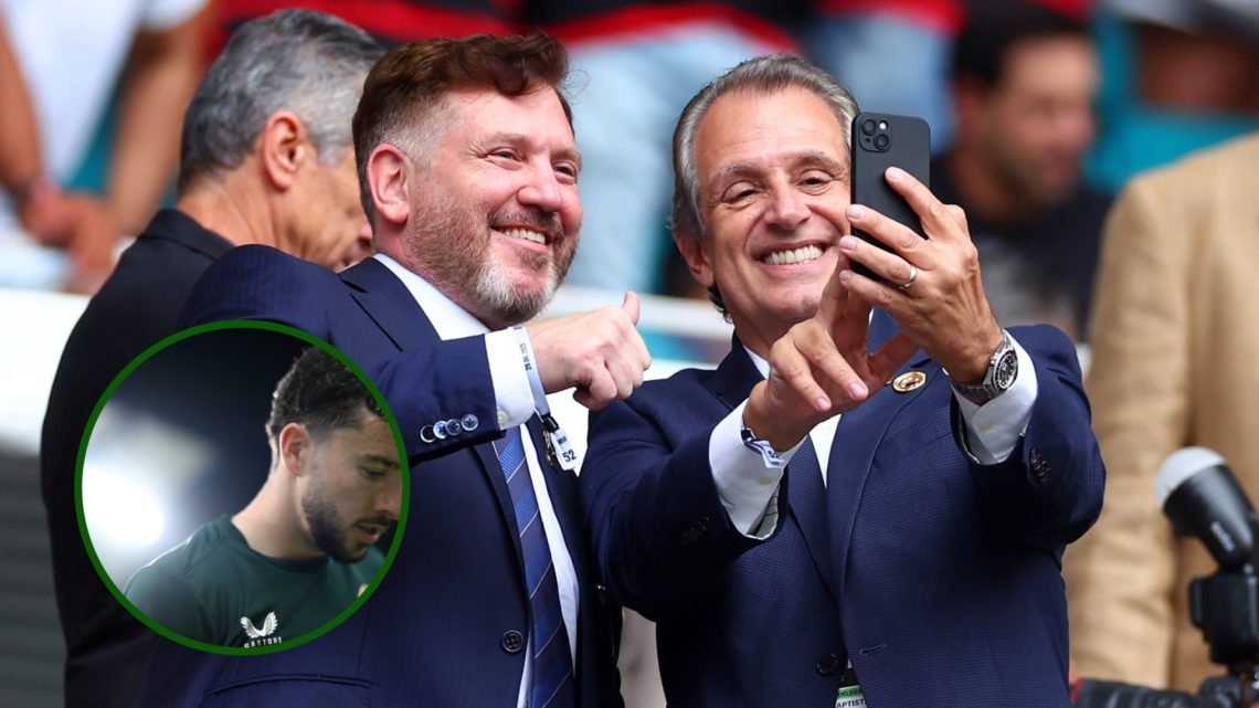 Image of Flamengo president Luiz Eduardo Baptista at the FIFA World Club Cup with an overlay of former Celtic winger Mikey Johnston on Republic of ...