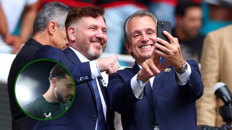 Image of Flamengo president Luiz Eduardo Baptista at the FIFA World Club Cup with an overlay of former Celtic winger Mikey Johnston on Republic of ...