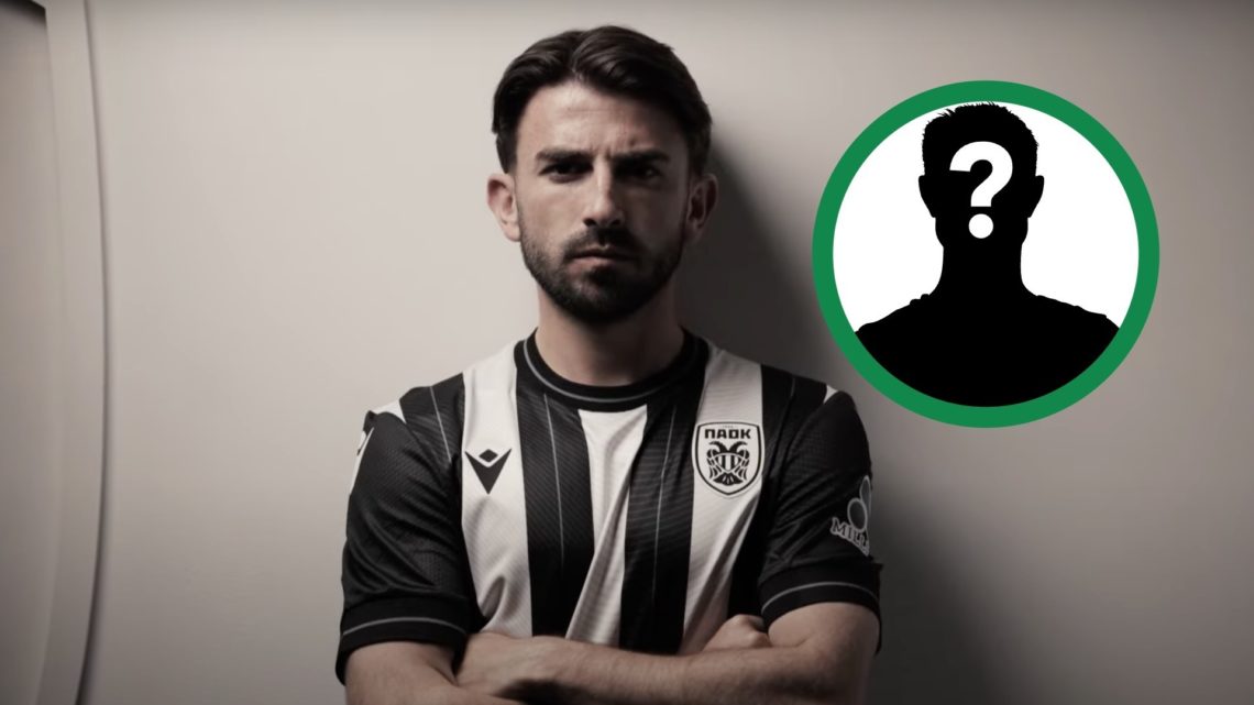 Former Celtic player Greg Taylor poses as a new player for PAOK, including an inset of a mystery player.