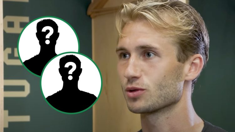 Benjamin Nygren in Lisbon speaking on the Official Celtic FC Podcast right with two mystery overlays inset left