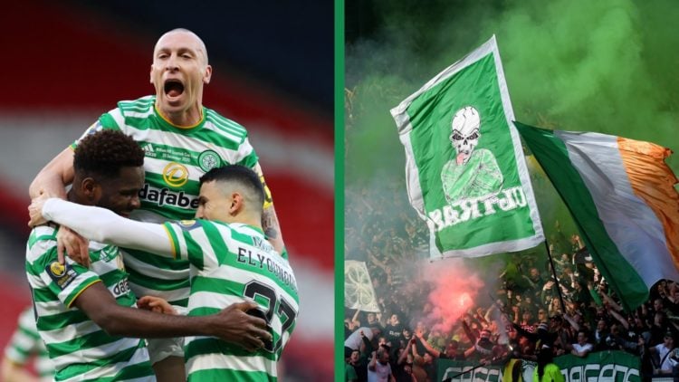 A split image of Odsonne Edouard celebrating scoring for Celtic, including Celtic supporters waving flags.
