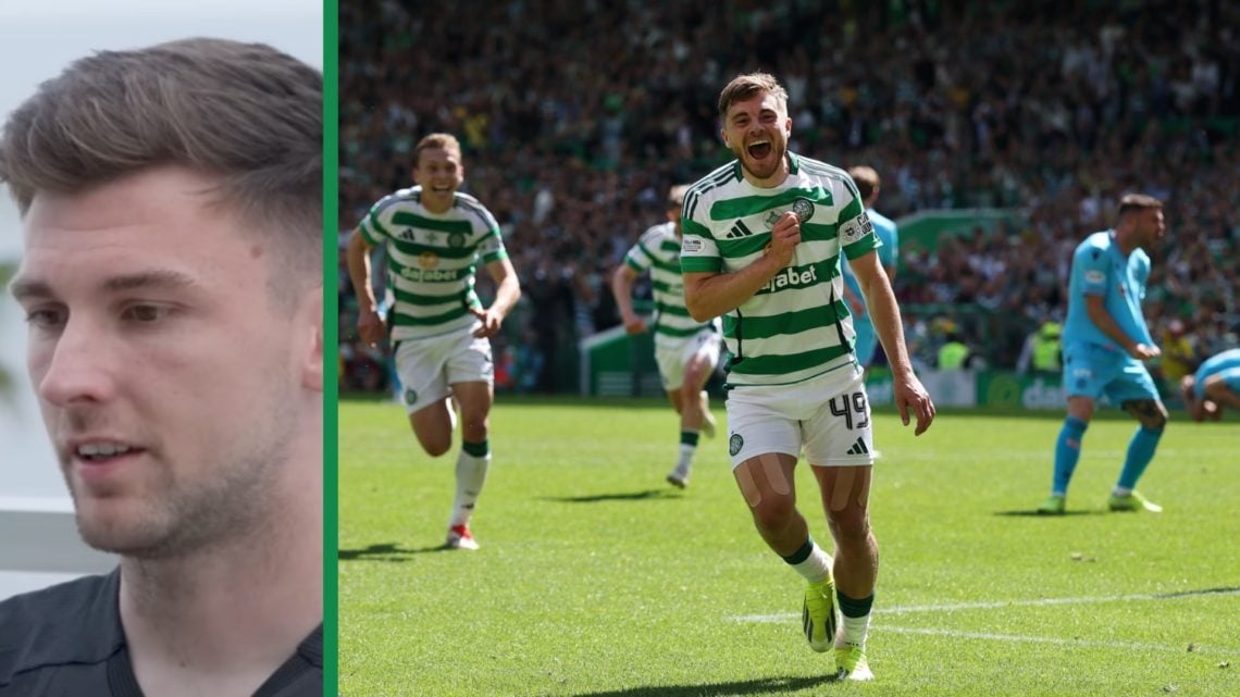 A split image of Kieran Tierney talking to Celtic TV and James Forrest celebrates his historic Celtic goal vs St Mirren