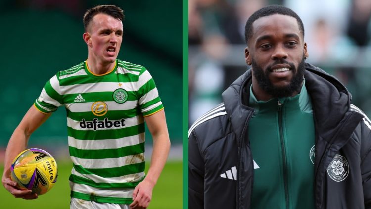 A split image of David Turnbull and Jeffrey Schlupp in the colours of Celtic.