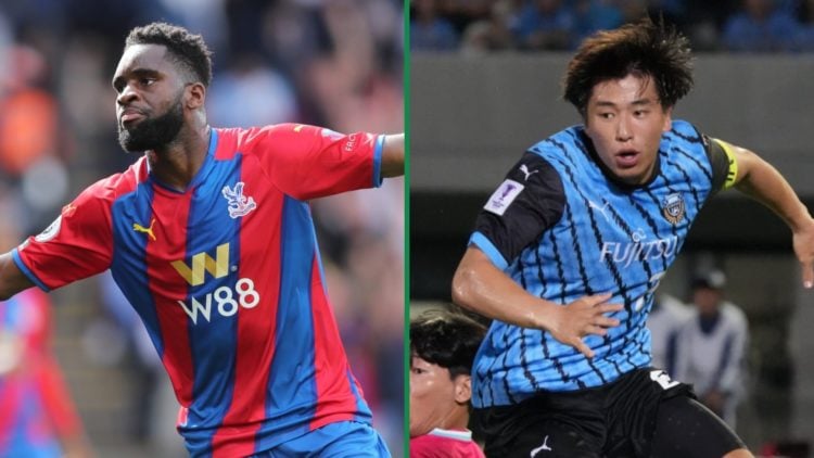 Odsonne Edouard celebrating a goal for Crystal Palace left and Shin Yamada rounding a goalkeeper playing for Kawasaki Frontale right