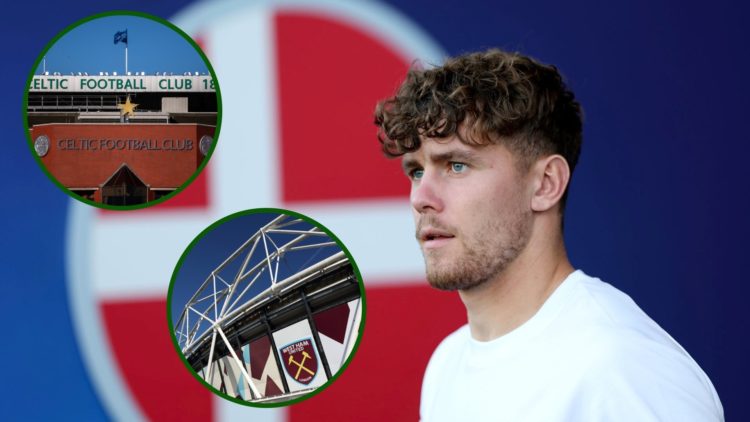 Image of Norwich striker Mathias Kvistgaarden on international duty with Denmark with an overlay of Celtic Park and West Ham's London Stadium.