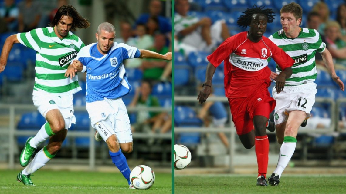 Georgios Samaras and Kevin McNaughton challenge for the ball during the Algarve Challenge Cup game between Celtic and Cardiff City, Marvin Emnes of...