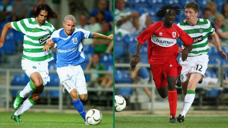 Georgios Samaras and Kevin McNaughton challenge for the ball during the Algarve Challenge Cup game between Celtic and Cardiff City, Marvin Emnes of...