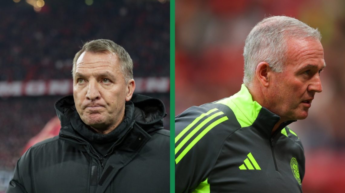 A split image of Brendan Rodgers looking dejected after Celtic's loss against Bayern Munich and Paul Lambert at a Celtic legends game against Manch...
