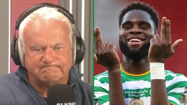 Gordon Dalziel reacts during Clyde 1 Superscoreboard call with Celtic fan live on radio left and Odsonne Edouard celebrates a goal for Celtic right