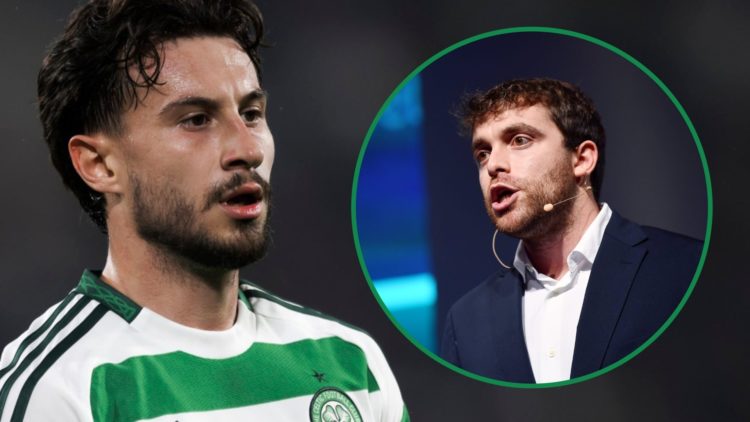 Nicolas Kuhn during a Champions League game for Celtic left and transfer journalist Fabrizio Romano speaks at an event right