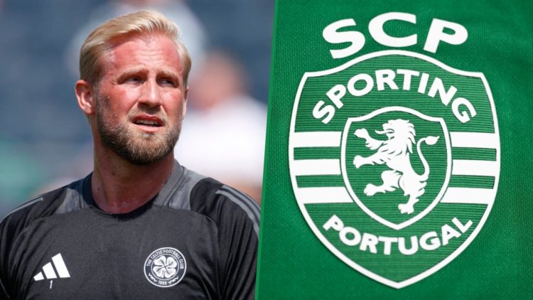 Kasper Schmeichel warming up before Celtic vs Chelsea in the USA left and general view of Sporting CP badge right
