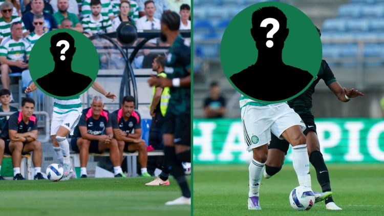 Benjamin Nygren runs with the ball during Sporting CP vs Celtic, Adam Idah gets to the ball ahead of Jeremiah St. Juste of Sporting CP in Celtic's ...